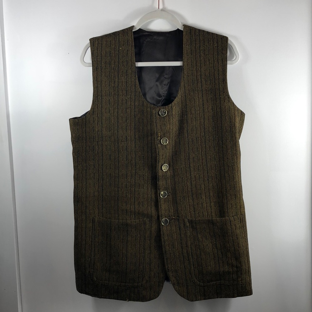 VTG Wool olive green long vest buttons pockets